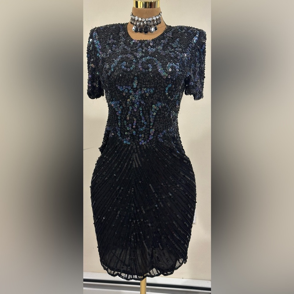 No Tag Black Purple Blue Sequence & Beaded Silk Retro Dress. Cut Out Back Sz M.
